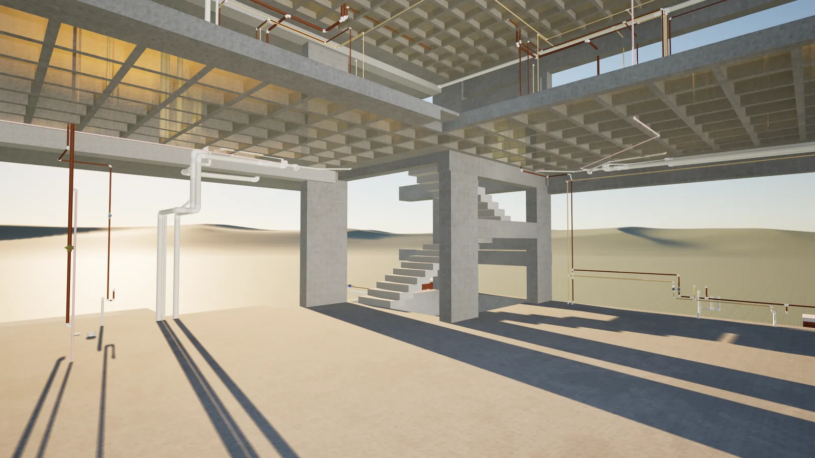 Vista interna de um pavimento com a estrutura e as instalações coordenadas no modelo BIM