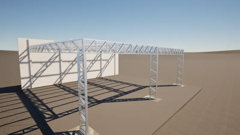 Galpão Industrial — Galpão em estrutura metálica: pórticos, tesouras e fechamento modelados em BIM.